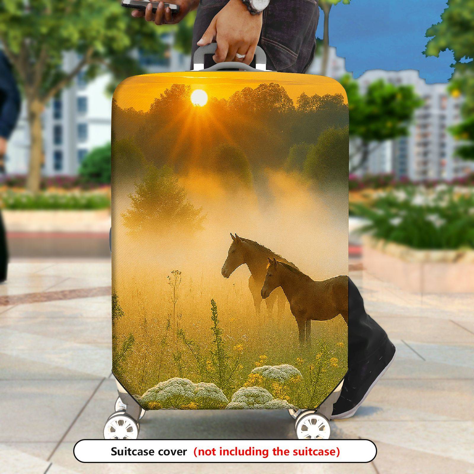 1-Piece Sunrise Horse Nature Landscape Scenery Mist  Suitcase Luggage Cover, Stretch Protective Sleeve