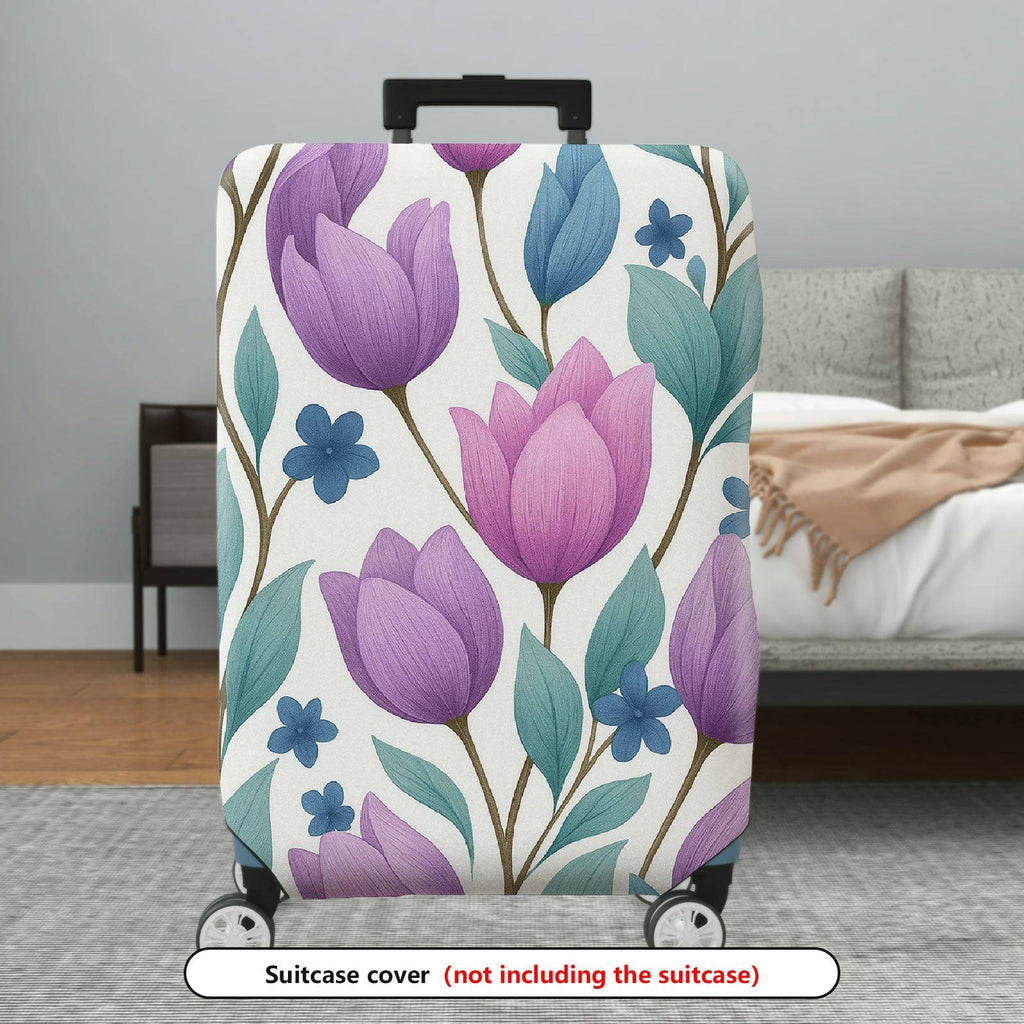 1-Piece Purple Floral Pattern Tulip Leaf Blue Blossom  Suitcase Luggage Cover, Stretch Protective Sleeve