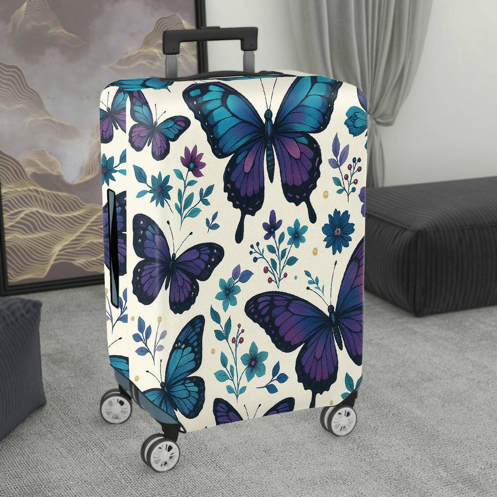 1-Piece Butterfly Floral Blue Purple Artistic Elegant Stylish  Suitcase Luggage Cover, Stretch Protective Sleeve