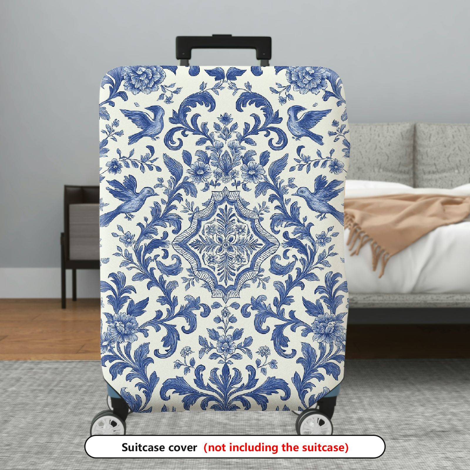 1-Piece Blue Vintage Floral Bird Pattern Damask  Suitcase Luggage Cover, Stretch Protective Sleeve