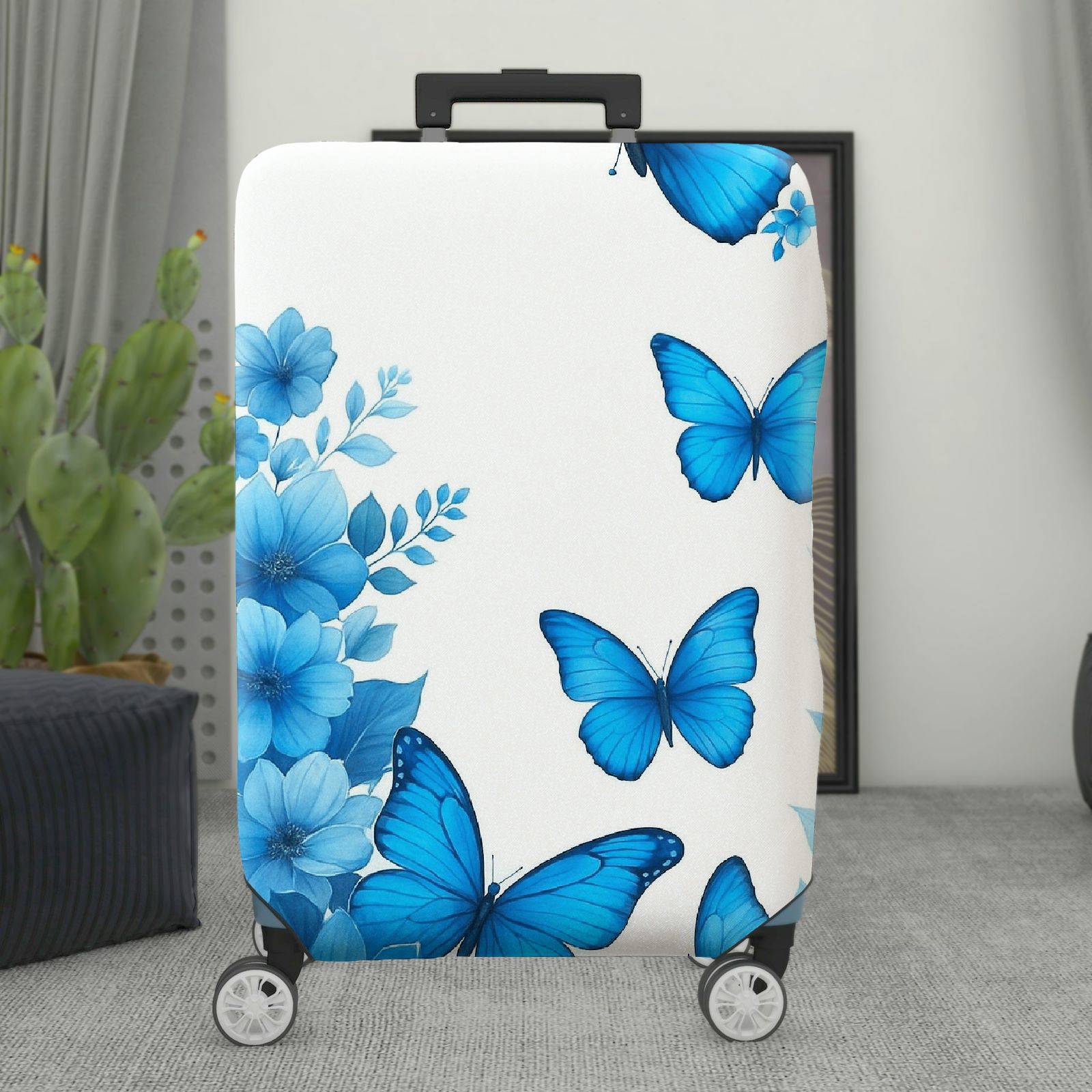 1-Piece Blue Butterfly Floral Nature Spring Summer Elegant  Suitcase Luggage Cover, Stretch Protective Sleeve