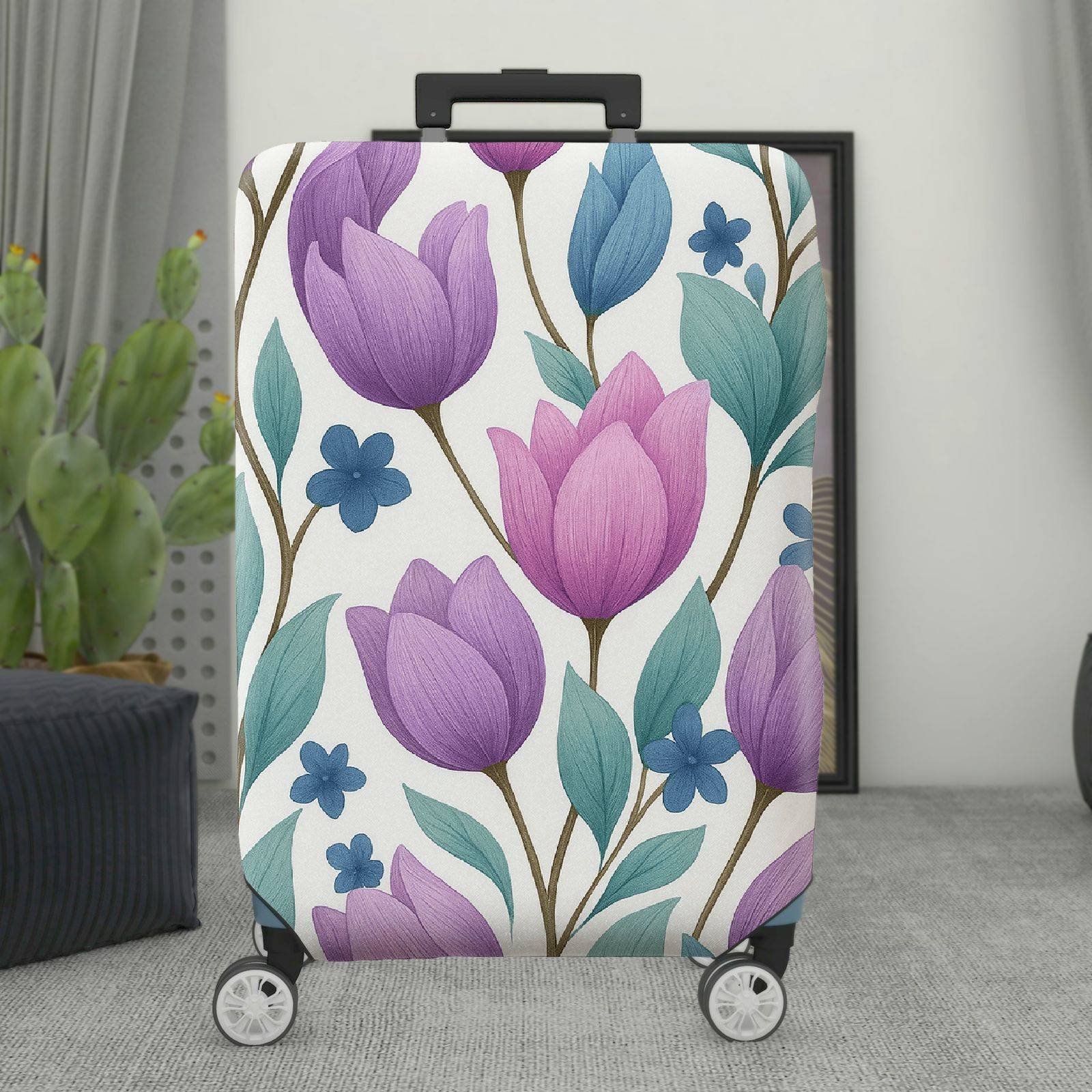 1-Piece Purple Floral Pattern Tulip Leaf Blue Blossom  Suitcase Luggage Cover, Stretch Protective Sleeve