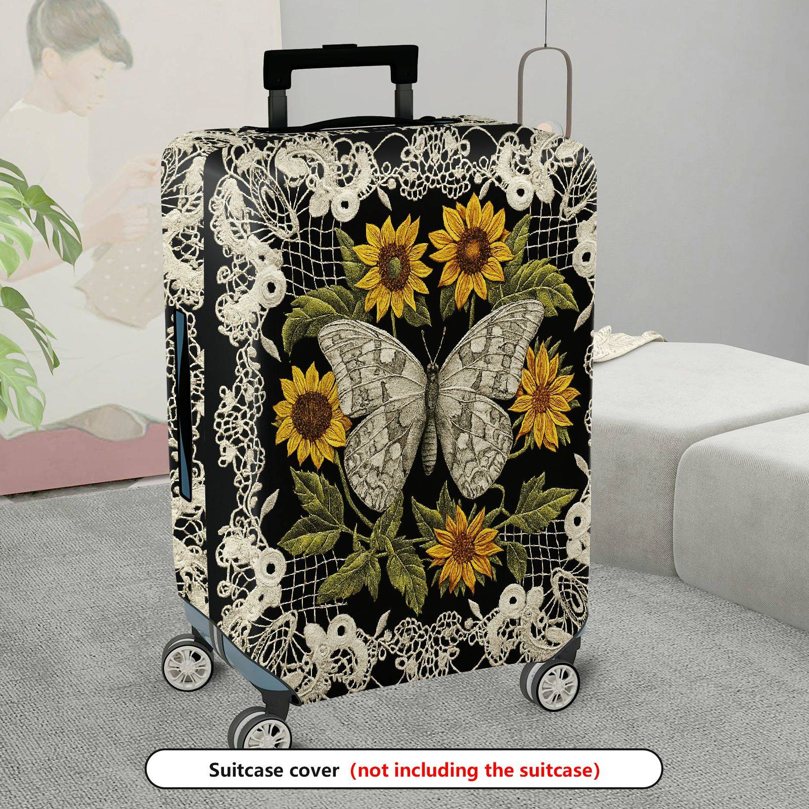 1-Piece Floral Butterfly Lace Sunflower Vintage Chic Elegant Artistic  Suitcase Luggage Cover, Stretch Protective Sleeve