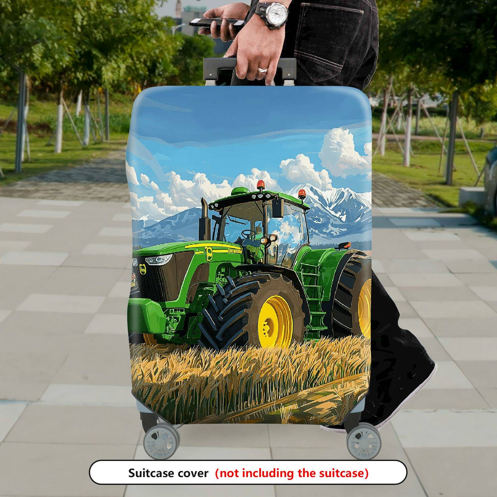 1-Piece Green Tractor Field Mountain Rural Landscape  Suitcase Luggage Cover, Stretch Protective Sleeve