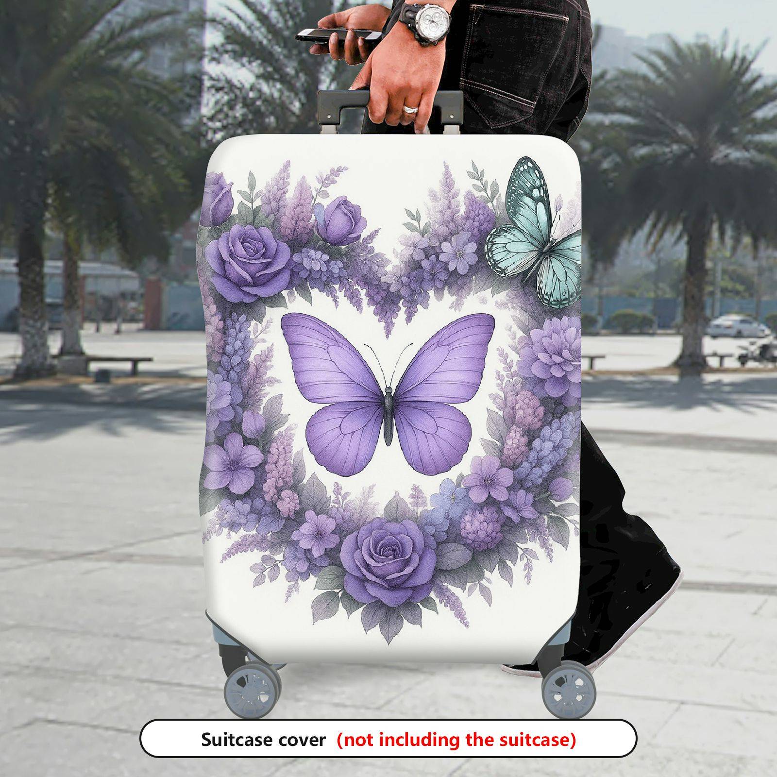 1-Piece Purple Butterfly Floral Rose Lavender Artistic  Suitcase Luggage Cover, Stretch Protective Sleeve