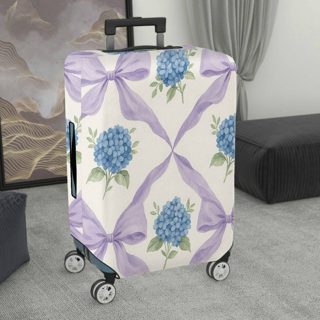 1-Piece Hydrangea Pattern Purple Ribbon Floral Artistic  Suitcase Luggage Cover, Stretch Protective Sleeve
