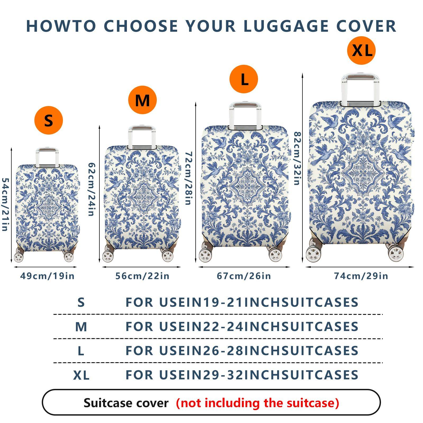 1-Piece Blue Vintage Floral Bird Pattern Damask  Suitcase Luggage Cover, Stretch Protective Sleeve