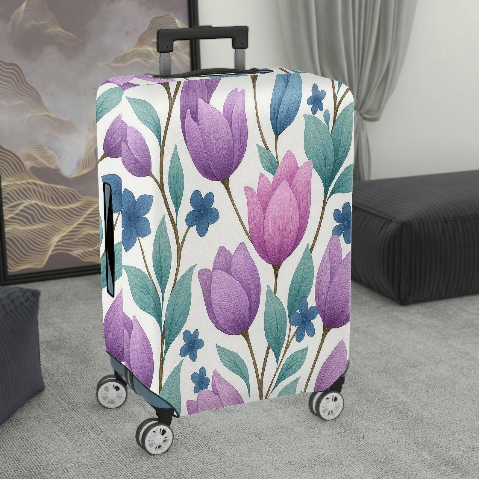 1-Piece Purple Floral Pattern Tulip Leaf Blue Blossom  Suitcase Luggage Cover, Stretch Protective Sleeve