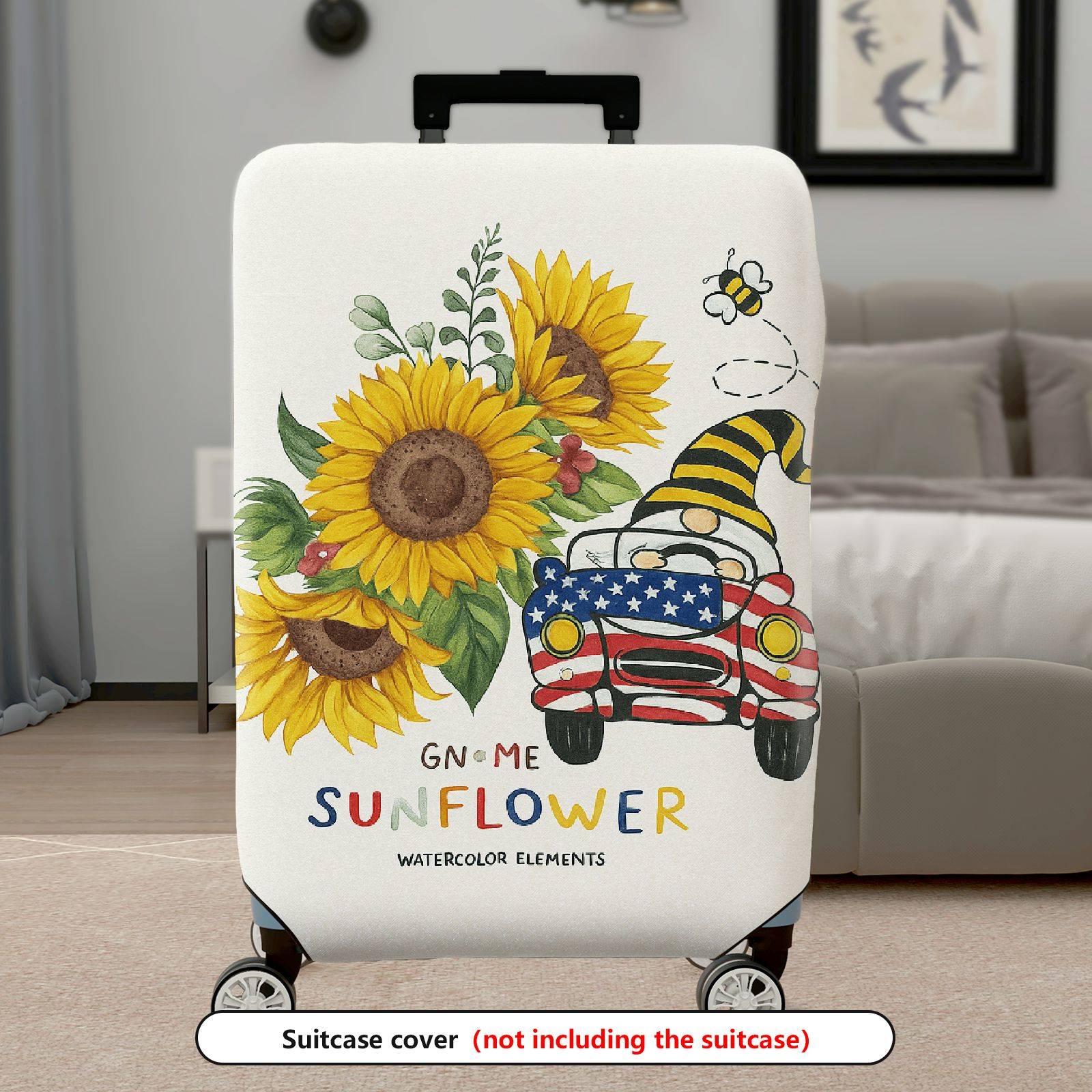 1-Piece Sunflower American Flag Gnome Car Artistic Travel Design  Suitcase Luggage Cover, Stretch Protective Sleeve