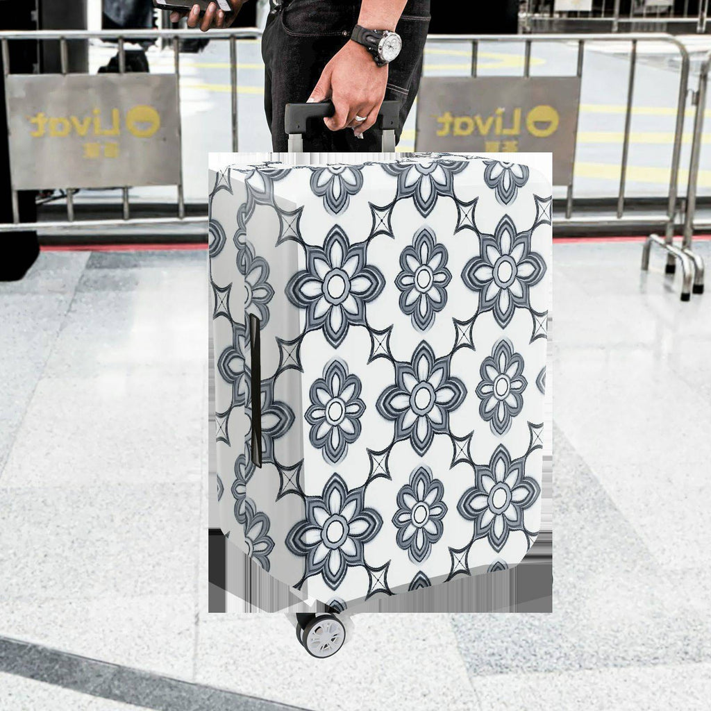 1-Piece Floral Pattern Geometric Black and White Elegant Artistic  Suitcase Luggage Cover, Stretch Protective Sleeve