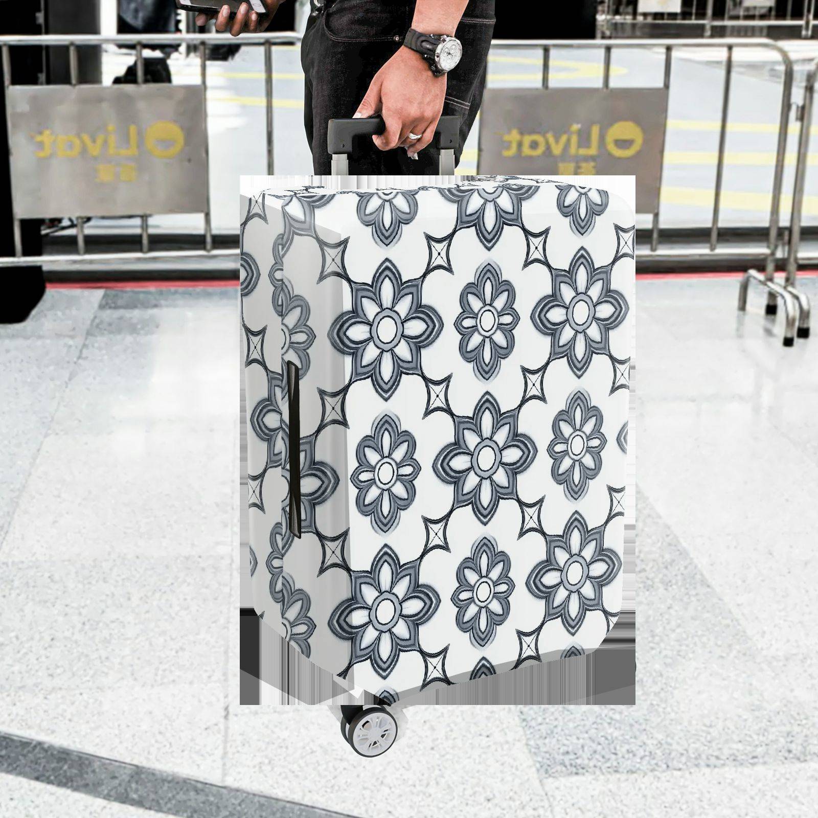 1-Piece Floral Pattern Geometric Black and White Elegant Artistic  Suitcase Luggage Cover, Stretch Protective Sleeve