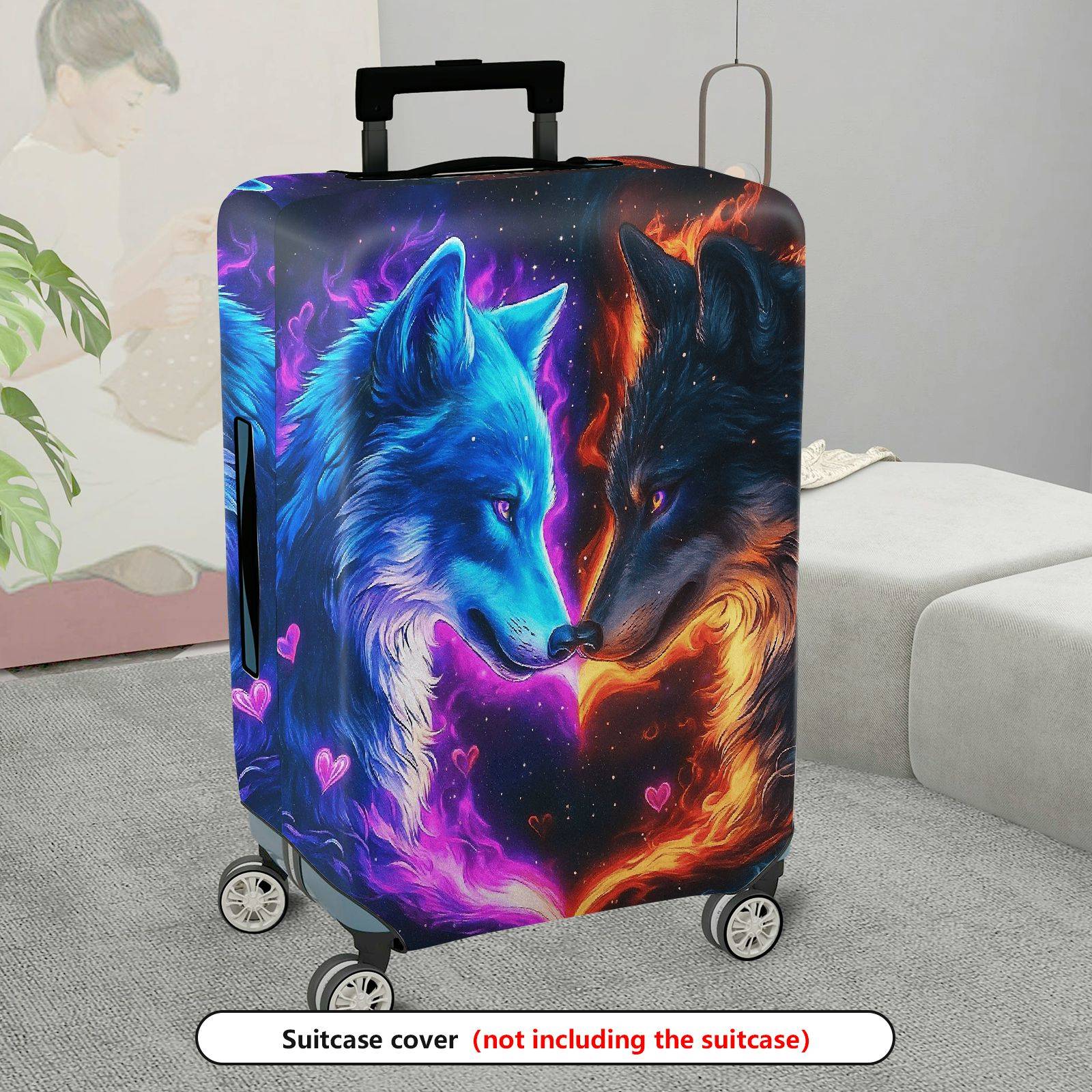 1-Piece Cosmic Wolf Fire Ice Heart  Suitcase Luggage Cover, Stretch Protective Sleeve