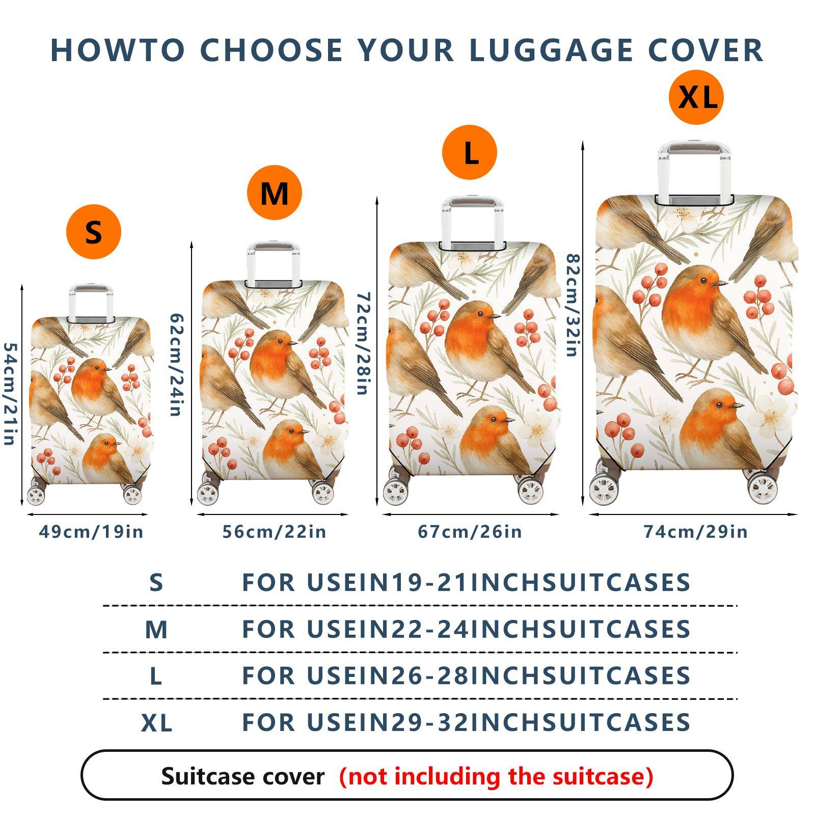 1-Piece Robin Bird Floral Berry Nature Christmas  Suitcase Luggage Cover, Stretch Protective Sleeve