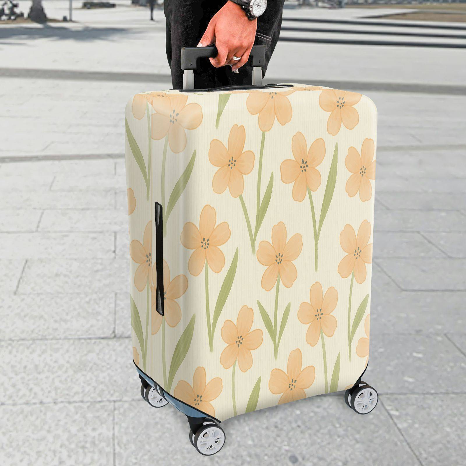 1-Piece Floral Botanical Beige Green Pastel Spring  Suitcase Luggage Cover, Stretch Protective Sleeve