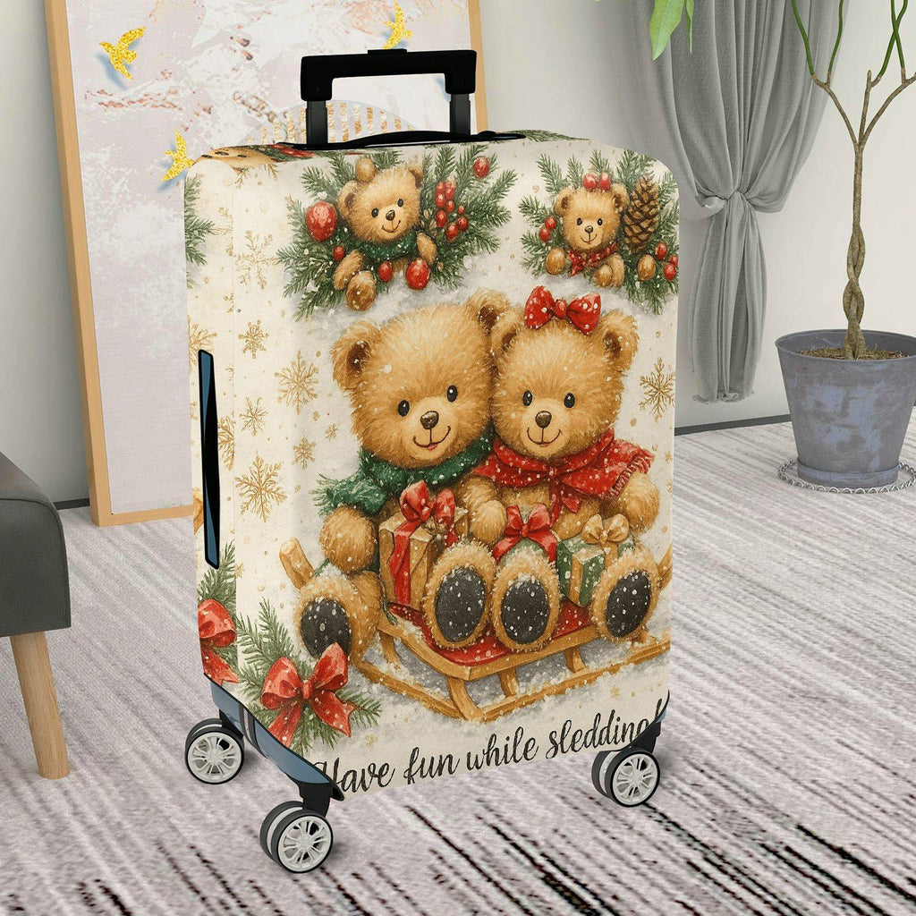 1-Piece Christmas Teddy Bear Snow Winter Holiday  Suitcase Luggage Cover, Stretch Protective Sleeve