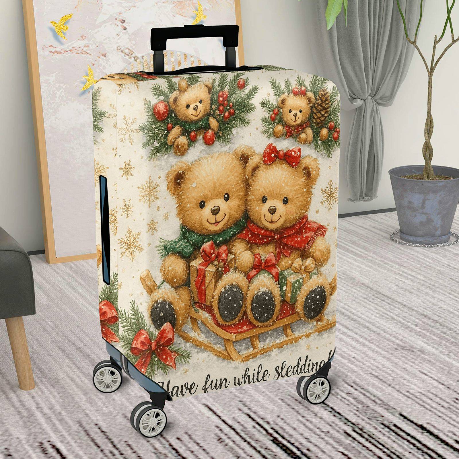 1-Piece Christmas Teddy Bear Snow Winter Holiday  Suitcase Luggage Cover, Stretch Protective Sleeve