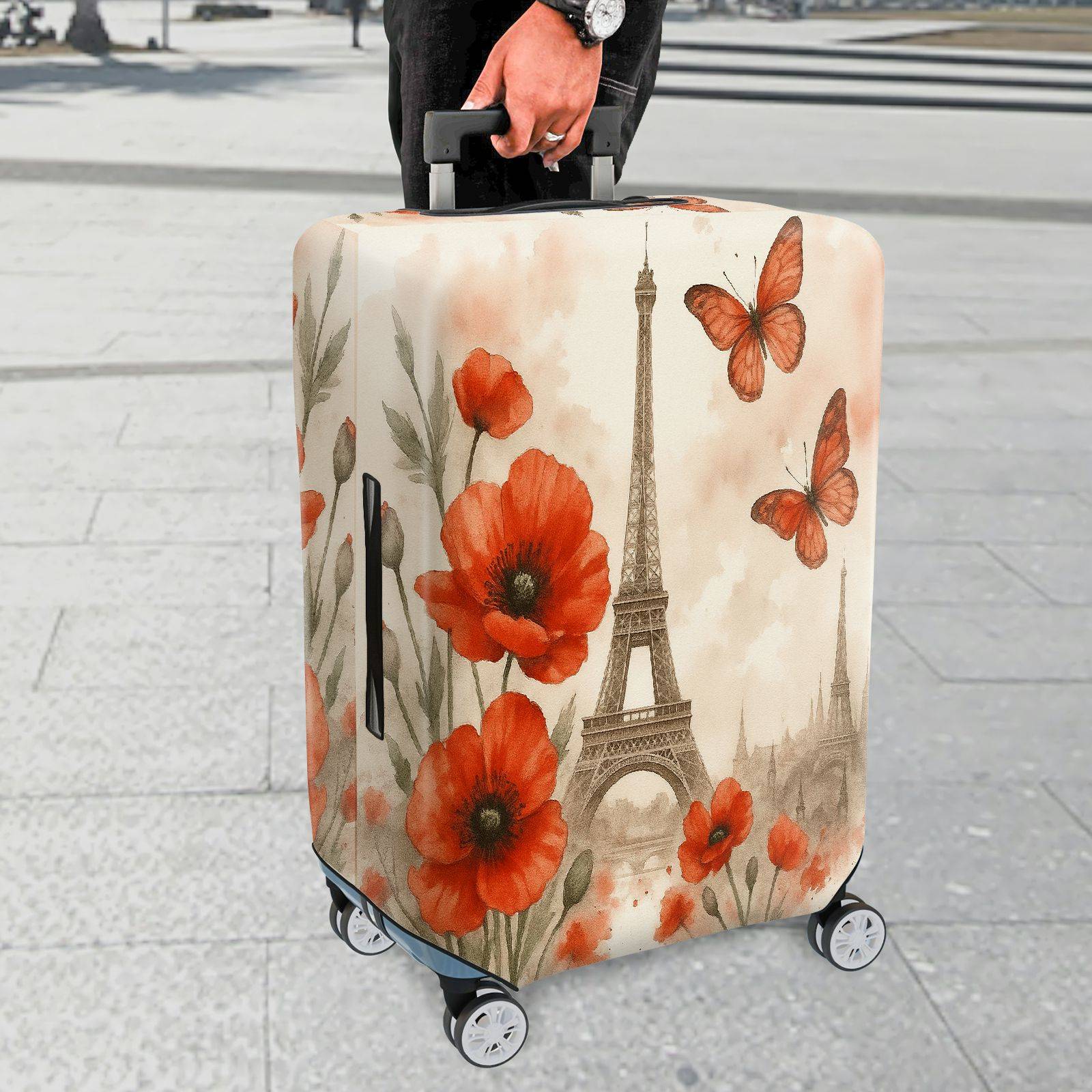 1-Piece Paris Flower Butterfly Eiffel Tower Artistic Romantic  Suitcase Luggage Cover, Stretch Protective Sleeve