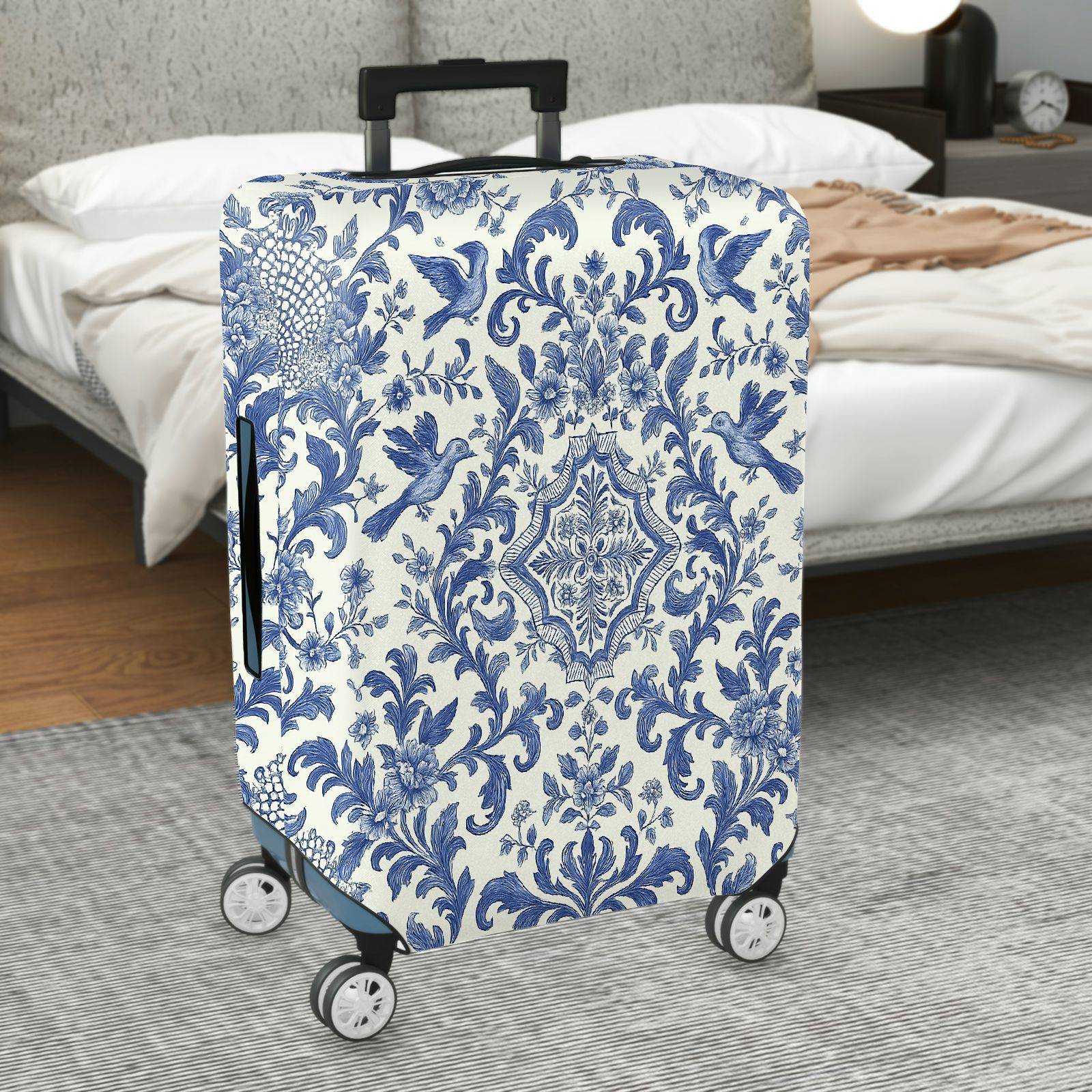 1-Piece Blue Vintage Floral Bird Pattern Damask  Suitcase Luggage Cover, Stretch Protective Sleeve