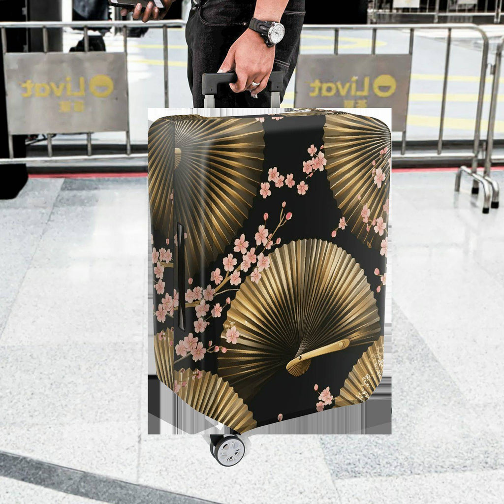 1-Piece Floral Gold Fan Geometric Black Cherry Blossom  Suitcase Luggage Cover, Stretch Protective Sleeve