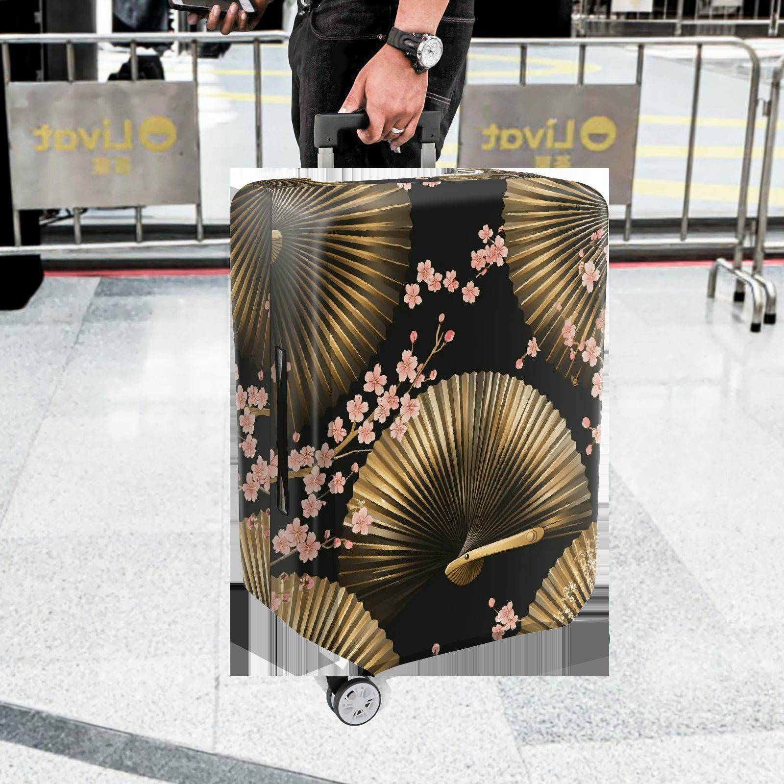 1-Piece Floral Gold Fan Geometric Black Cherry Blossom  Suitcase Luggage Cover, Stretch Protective Sleeve