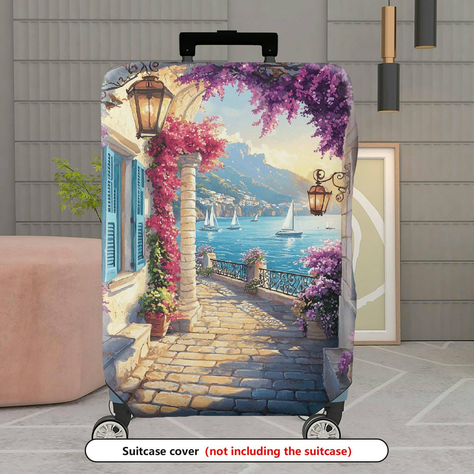 1-Piece Mediterranean Coastal Floral Landscape Sailboats Lantern  Suitcase Luggage Cover, Stretch Protective Sleeve