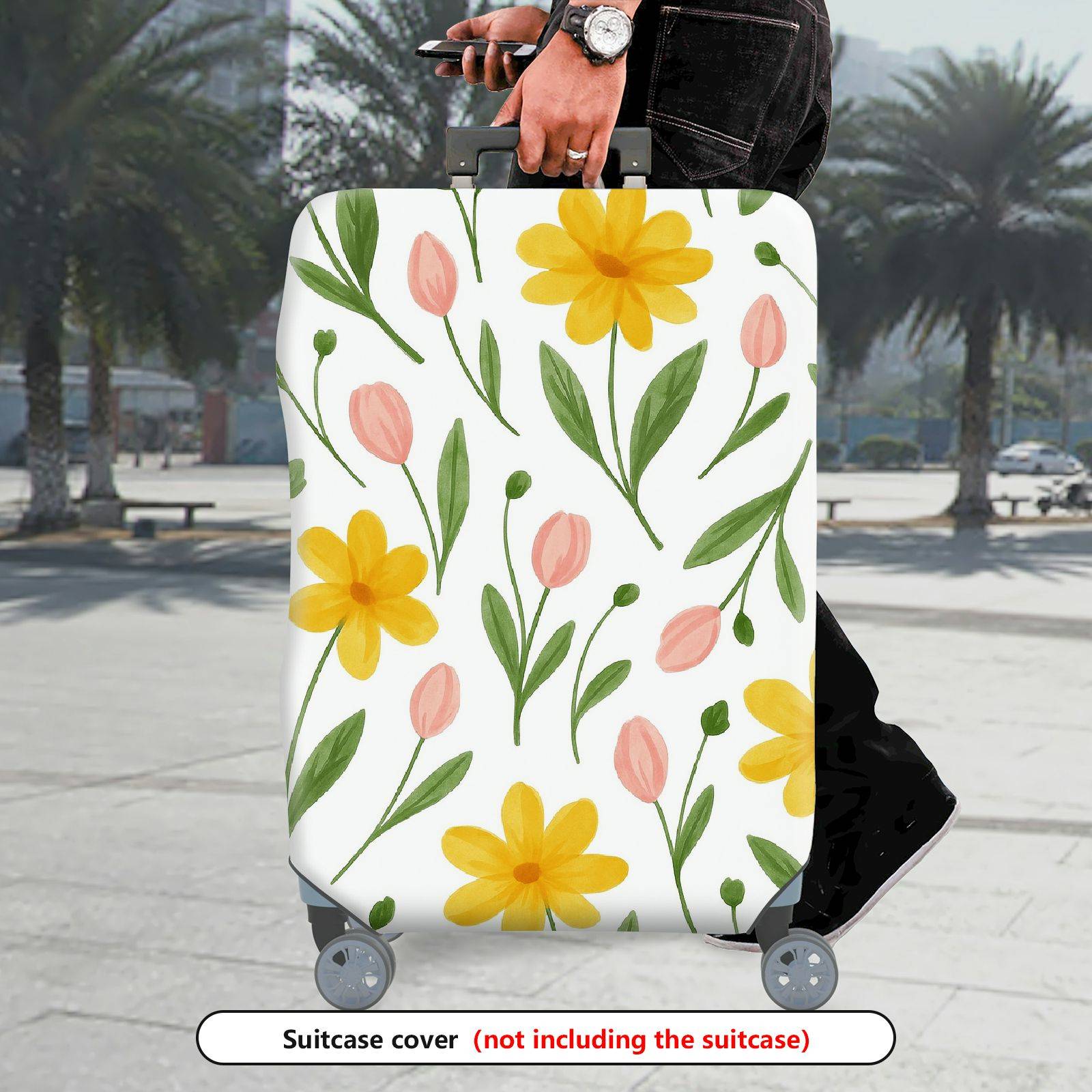 1-Piece Floral Tulip Daisy Spring Vacation  Suitcase Luggage Cover, Stretch Protective Sleeve