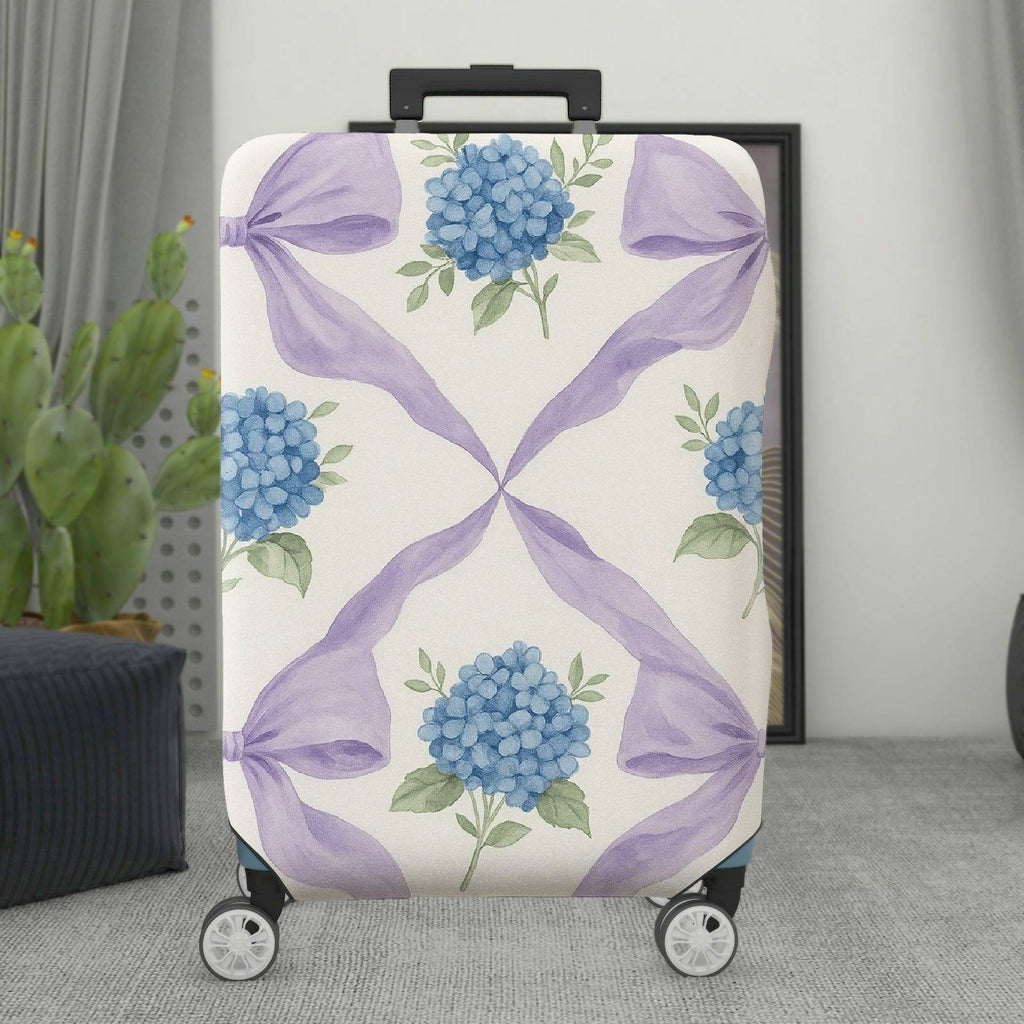 1-Piece Hydrangea Pattern Purple Ribbon Floral Artistic  Suitcase Luggage Cover, Stretch Protective Sleeve
