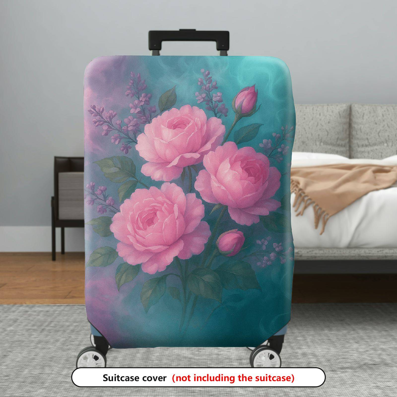 1-Piece Pink Floral Artistic Rose Vintage Romantic Elegant  Suitcase Luggage Cover, Stretch Protective Sleeve